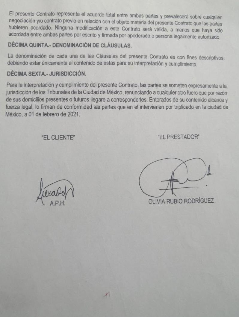 Economist@ 😋 (@ngl1970) on Twitter photo Probono <a href="/olivia_rubio/">Olivia Rubio</a> ❓MIENTES ❗️
Aquí 👇🏼 el CONTRATO ENTRE OLIVIA RUBIO Y ALEXA HOFFMAN ‼️‼️‼️(falta una hoja pero no más puedo subir 4 imágenes) <a href="/ladeicaza/">Claudia de Icaza</a> <a href="/ErnestinaGodoy_/">Ernestina Godoy Ramos</a> <a href="/DannielaPr/">daniela</a> <a href="/Grafocafe/">Maryfer Centeno</a> <a href="/Claudiashein/">Claudia Sheinbaum Pardo</a> <a href="/Maluzvaz/">Maluz</a> CORRUPCIÓN ❌⛔️❌⛔️❌⛔️❌⛔️ Probono <a href="/olivia_rubio/">Olivia Rubio</a> ❓MIENTES ❗️
Aquí 👇🏼 el CONTRATO ENTRE OLIVIA RUBIO Y ALEXA HOFFMAN ‼️‼️‼️(falta una hoja pero no más puedo subir 4 imágenes) <a href="/ladeicaza/">Claudia de Icaza</a> <a href="/ErnestinaGodoy_/">Ernestina Godoy Ramos</a> <a href="/DannielaPr/">daniela</a> <a href="/Grafocafe/">Maryfer Centeno</a> <a href="/Claudiashein/">Claudia Sheinbaum Pardo</a> <a href="/Maluzvaz/">Maluz</a> CORRUPCIÓN ❌⛔️❌⛔️❌⛔️❌⛔️