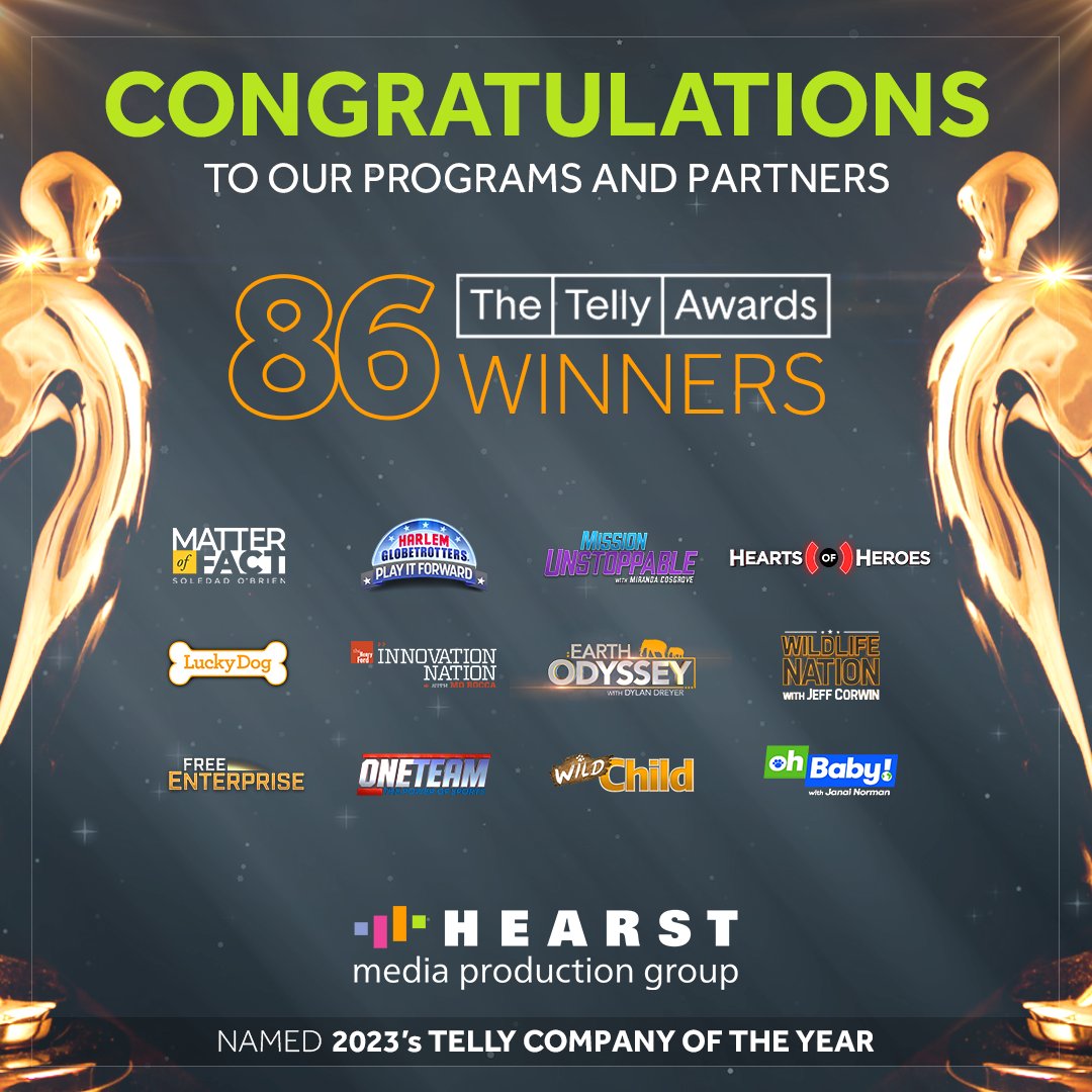 Thanks to the @TellyAwards for naming <a href="/HearstMPG/">Hearst Media Production Group</a> 2023 Company of the Year with 86 awards for twelve of our weekly shows airing on ABC, CBS, The CW, NBC, Telemundo and in syndication. Congrats to the entire team on this tremendous honor! bit.ly/41XTr49