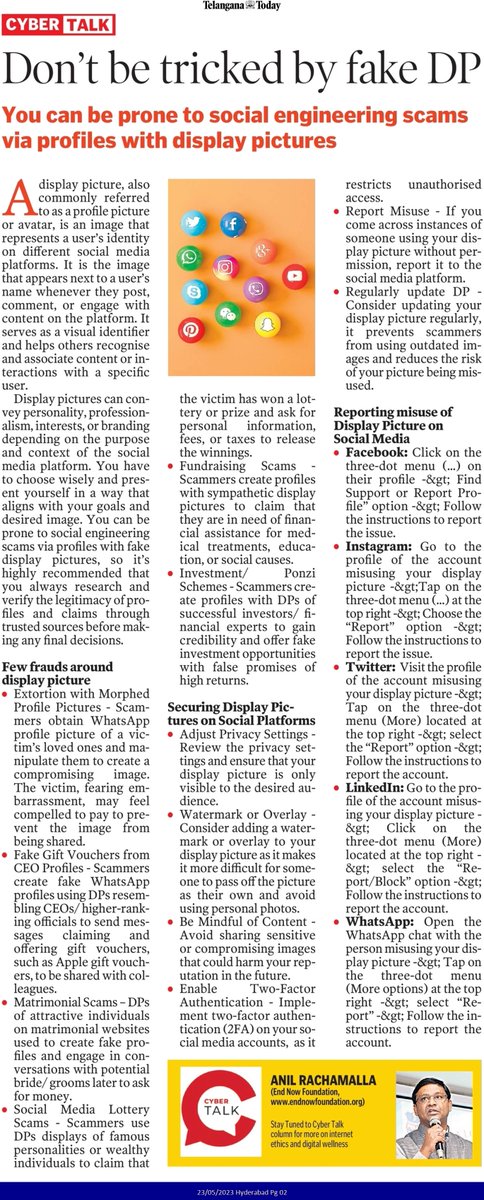EndNowCyber's tweet photo. Scams using Fake/Cloned Display Picture ! @TelanganaToday

#cyberpolice #cybercrime #cyberpolice #impersonation #fakedp #fraudalert #fakeprofile
#phishing #hacker #security #cybercrime #hacking @Cyberdost @TelanganaCOPs @ccoe_hyd
@CIDTelangana @APPOLICE100 @DSCI_Connect  @nasscom @APPOLICE100 @TelanganaDGP