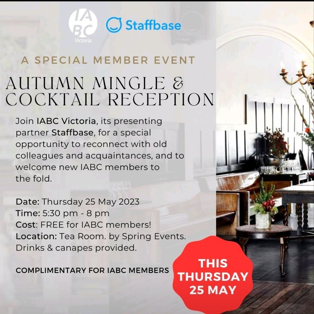 Here is your last chance to register for our Autumn Mingle and Cocktail reception. Tomorrow, we are hosting the mingle of the season! This event is complimentary for IABC Victoria members. Don't miss out and register today: lnkd.in/g5zpxu_H