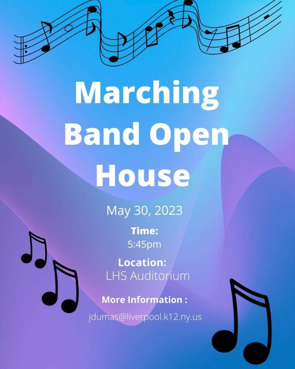 Don't miss the LHSMB Open House on May 30th at 5:45pm in the LHS Auditorium! 🧡💙🥁🎺🎷🏳️ <a href="/LCSDFineArts/">LCSD Fine Arts</a> <a href="/LCSDOfficial/">Liverpool CSD Official - New York State</a> <a href="/BrettRWoodcock/">Brett Woodcock</a> <a href="/MrLawrence_LCSD/">Doug Lawrence</a>