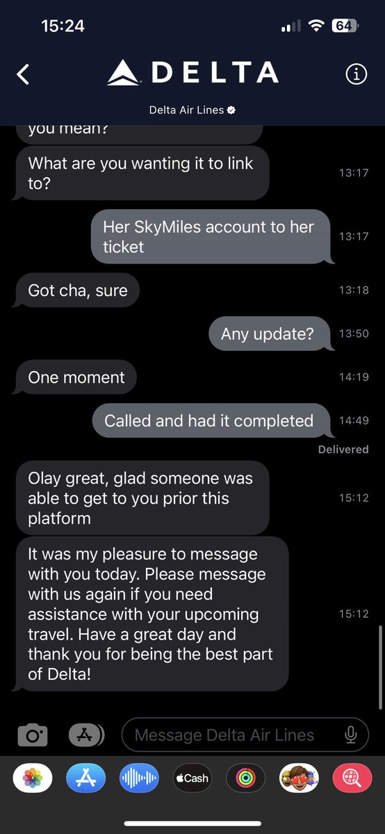 _broveloper's tweet image. .@Delta An absolutely unacceptable experience with the customer service messaging platform. Slow response times and unprofessionalism. Screenshots speak volumes.