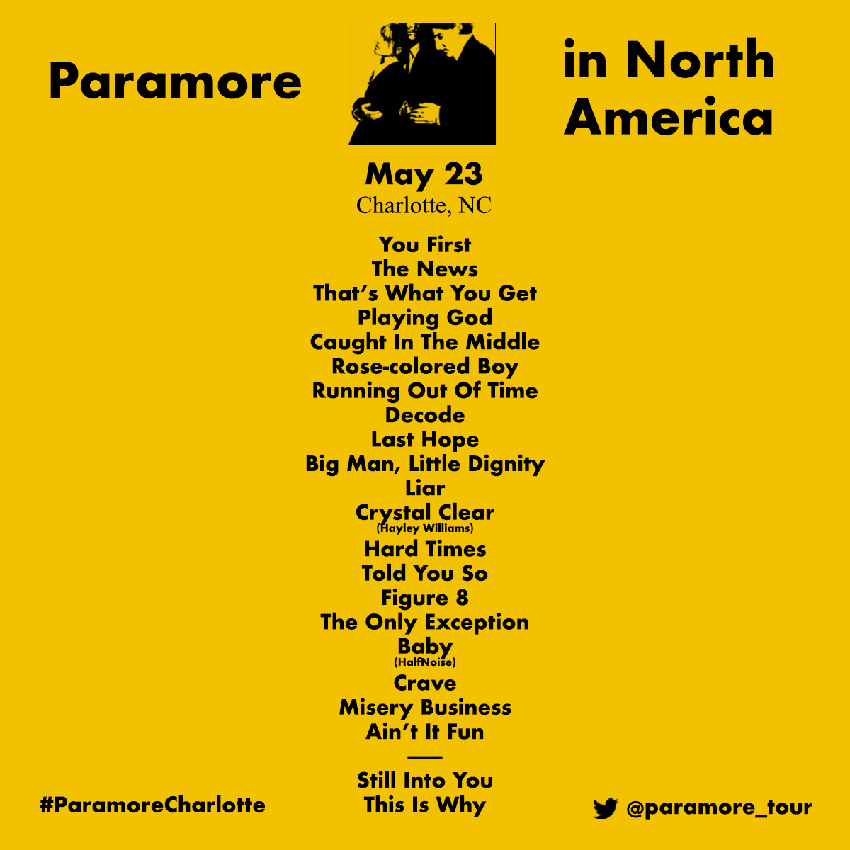 paramore_tour's tweet photo. This was the setlist for the first arena show of the North America Tour in Charlotte, NC at the Spectrum Center #ParamoreCharlotte 

Big Man, Little Dignity and Figure 8 were played for the first time!

NEXT SHOW: 🗓️ May 25 📍 Atlanta, GA https://t.co/BB6EZsVPqQ