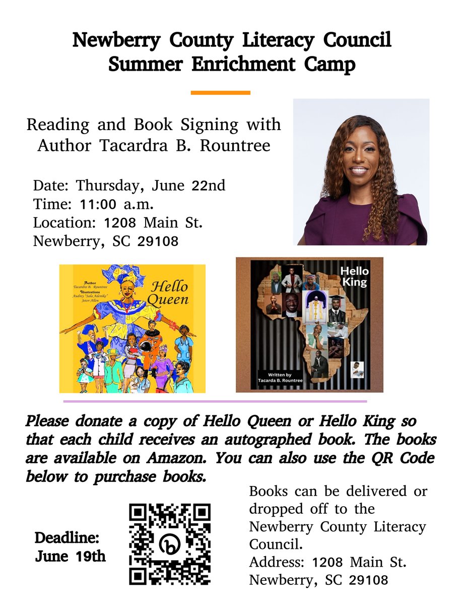 AuthorTRountree's tweet photo. Please consider donating a book for the children that will participate in the Newberry County Literacy Council's Summer Enrichment Camp!!  In the comments section type the name of the book you have purchased and the number of copies.
Thanks in advance! #HelloQueen #HelloKing https://t.co/phPBV68Xbf