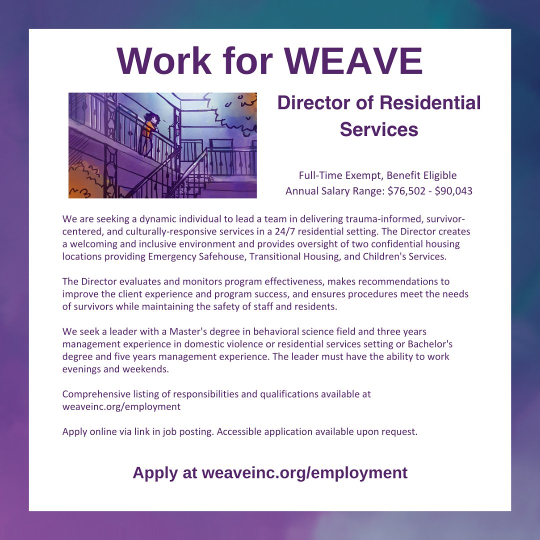 WEAVE is searching for our next Director of Residential Services. See post or visit our website to learn more. 
bit.ly/43m1CIn