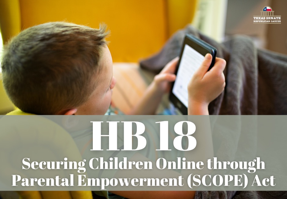 TexasSenateGOP's tweet photo. #HB18 has passed the Texas Senate! This bill will protect children from harmful data harvesting by requiring digital service providers to obtain parental or guardian consent. We appreciate @SenBryanHughes for carrying this bill! #txlege https://t.co/iQ0MuCDPLY