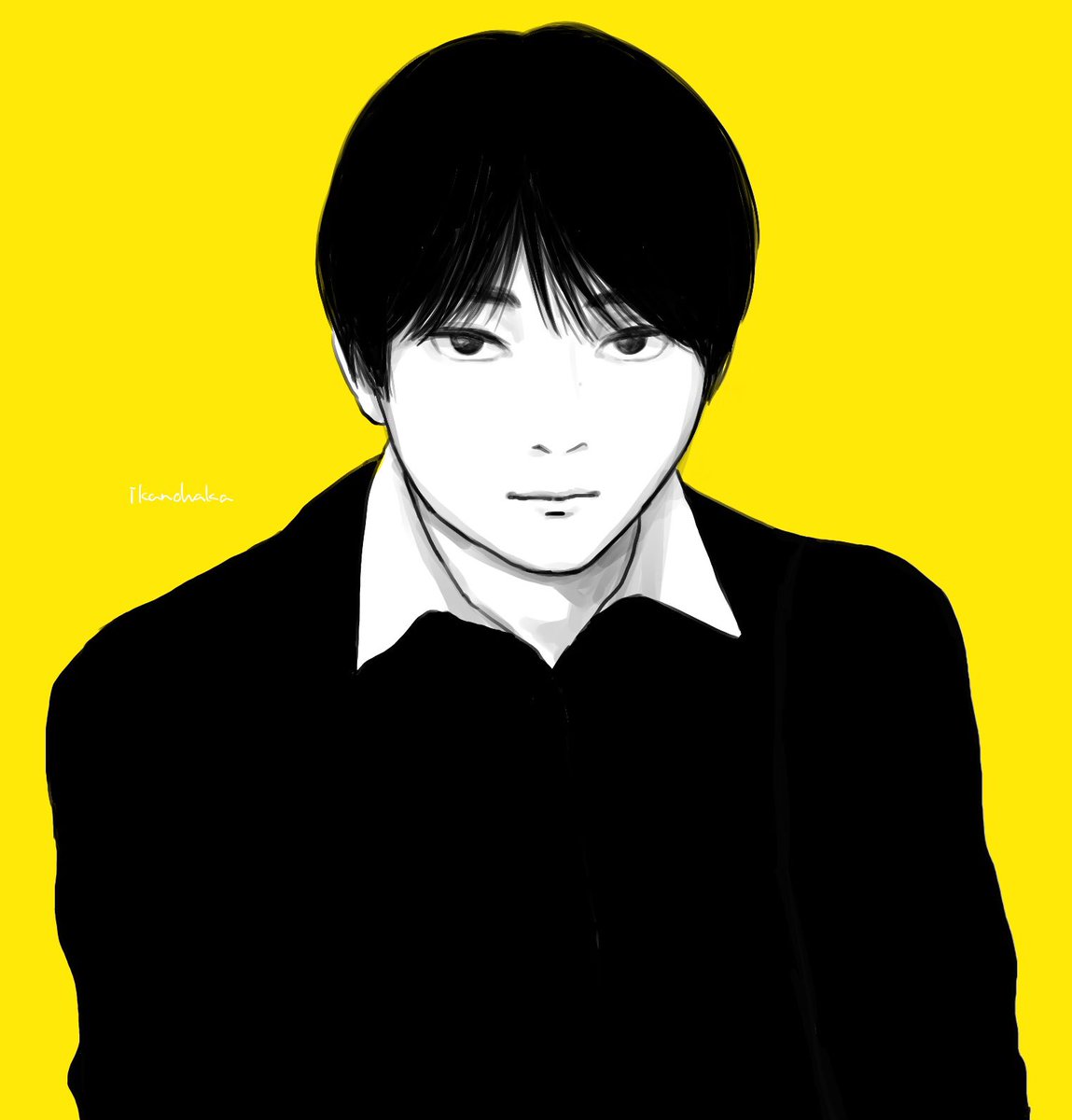solo yellow background looking at viewer 1boy simple background male focus shirt  illustration images