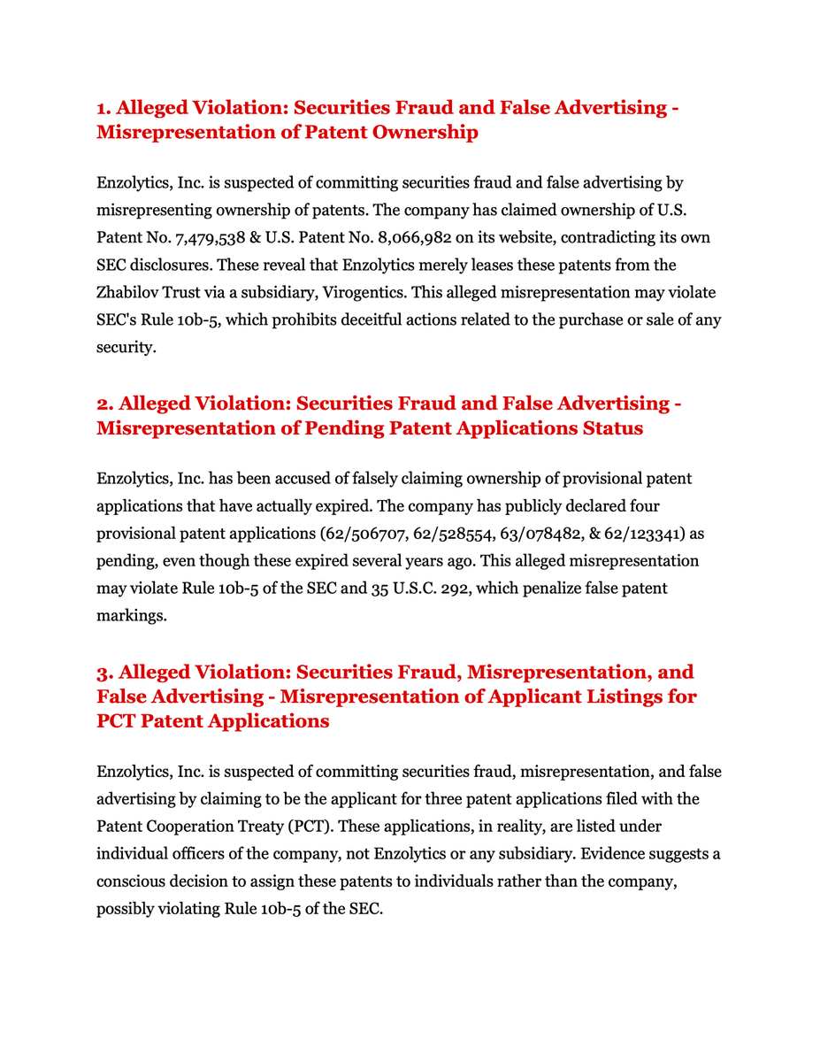 Stocks_n_Stones's tweet photo. Harry, your identification of my username in $ENZC's PR suggests a desire to escalate matters.

To assist in the SEC's and courts' assessment of  misconduct, please review the attached summary of alleged fraud and indicate (via PR) which allegations you believe to be erroneous. https://t.co/PA29xx9mDY