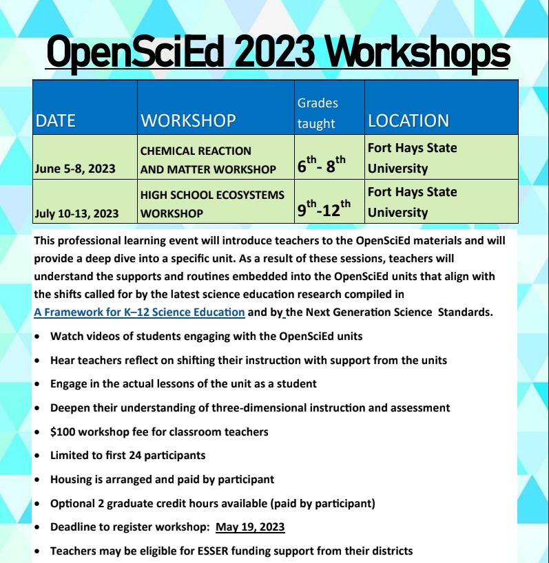 Western Kansas & Eastern Colorado Science Teachers! Check out this opportunity to engage in an sense-making workshop utilizing @OpenSciEd materials at @FortHaysState #KSSci Learn more and register: drive.google.com/file/d/1dTFGEV…
