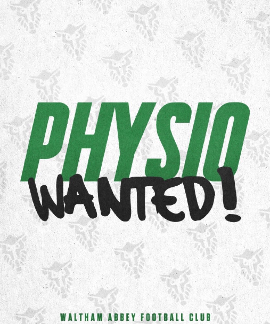 We are looking for a physio to join us to be a part of us our first team and staff if you are interested please send a message to
@mike_spence2118

or the club, if you know anyone who might be interested please pass this on and retweet this.💚⚽️ #UpTheAbbey #NeverGonnaGiveYouUp