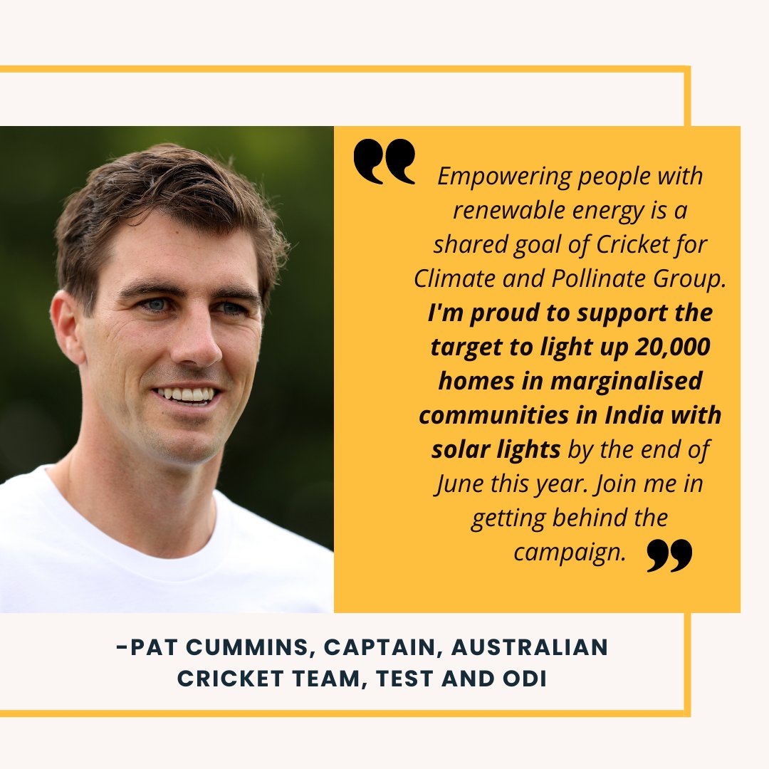 PollinateEnergy's tweet photo. Pollinate Group is proud to work with @patcummins30 and the team at #CricketforClimate.ย Light up lives to help distribute 20,000 solar lights in marginalised communities in India and Nepal.
Donate today at https://t.co/nx2G34Do3t
#donatenow #australiancaptain #solarenergy #impact https://t.co/olxW5tHvj3
