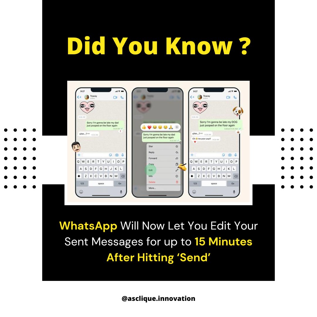 📣 WhatsApp introduces the power of hindsight: Edit your sent messages within a 15-minute window! 💬✏️ #WhatsAppUpdates #EditSentMessages #HindsightIs2020
.
.
.
#WhatsAppNews #MessageEditing #EnhancedMessaging #ImprovedCommunication #CorrectMistakes #EnhancedUserExperience