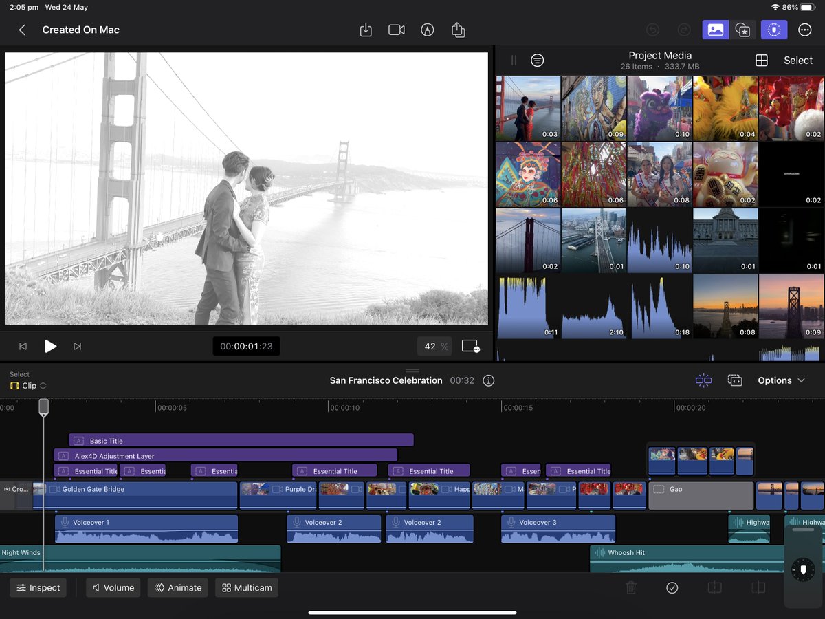 Turns out you CAN go from Final Cut Pro on Mac to Final Cut Pro on iPad!

Even Secondary Storylines come across, and custom Motion Templates. You can't modify colour board effects, but they are applied.

This kinda changes... a lot.

#fcpx