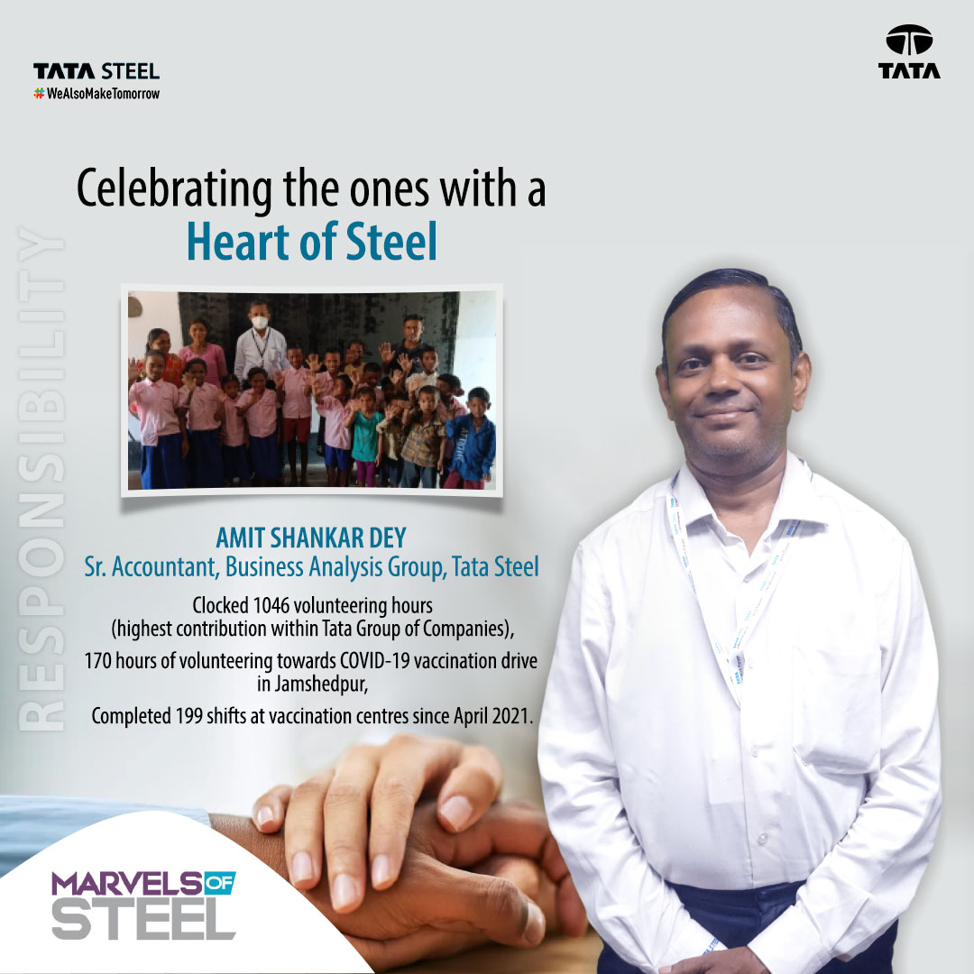 TataSteelLtd's tweet photo. Meet Amit Shankar Dey, Sr. Accountant - Business Analysis Group, Tata Steel. He features in our next #MarvelsOfSteel story for his countless hours of volunteering beyond work, which reflects Tata group's core value of #Responsibility.
#TataSteel #WeAreOurValue #HeartofSteel https://t.co/ESuAySyMvT