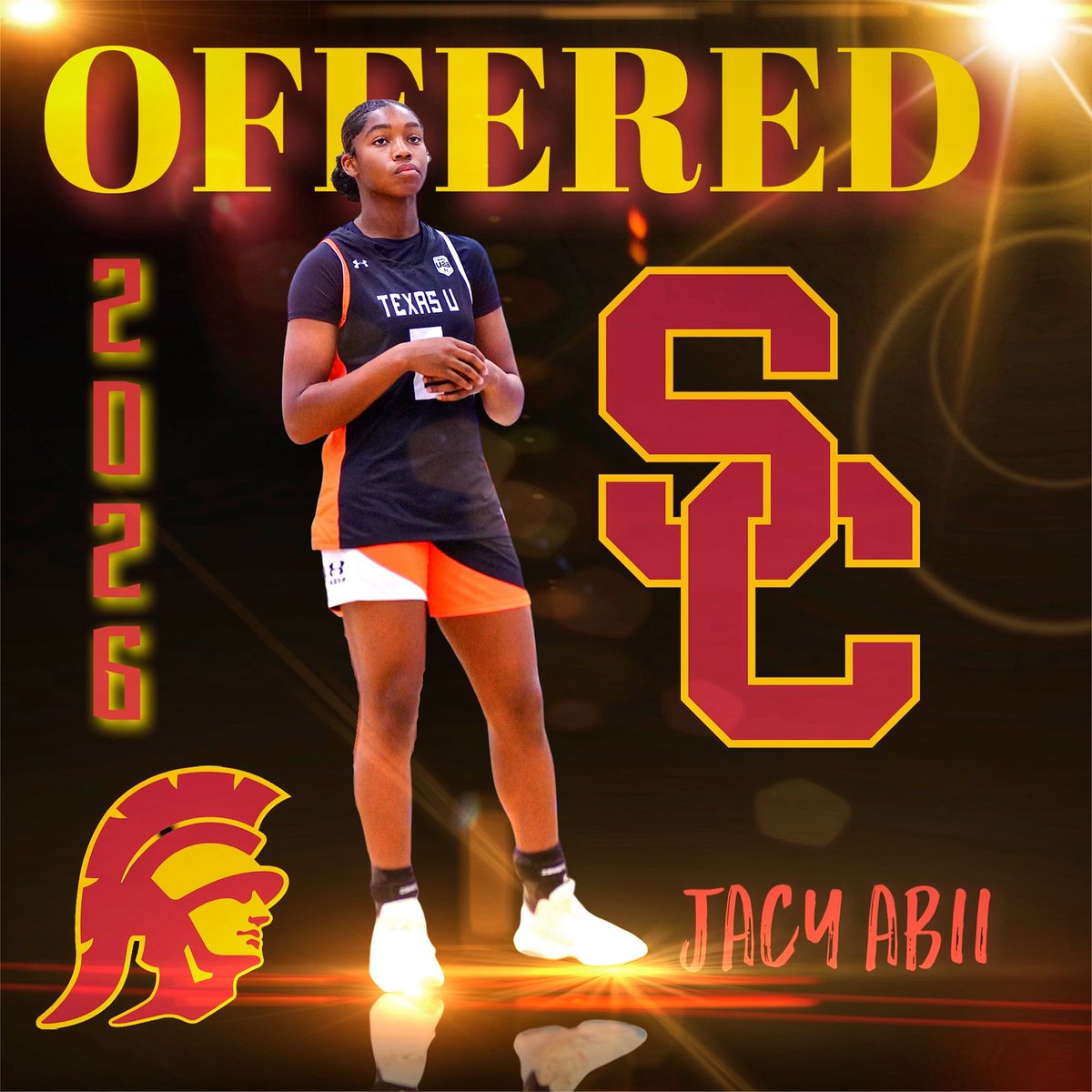 After a great call tonight with @CoachLindsayG, I am very excited to announce that I’ve received an opportunity to play at @USCWBB! Thank you for believing in me! ❤️💛
 #AGTG #gotrojans @texasuelite @TXUBasketball @therealdrelewis @CoachRich12 @J_Jilly14