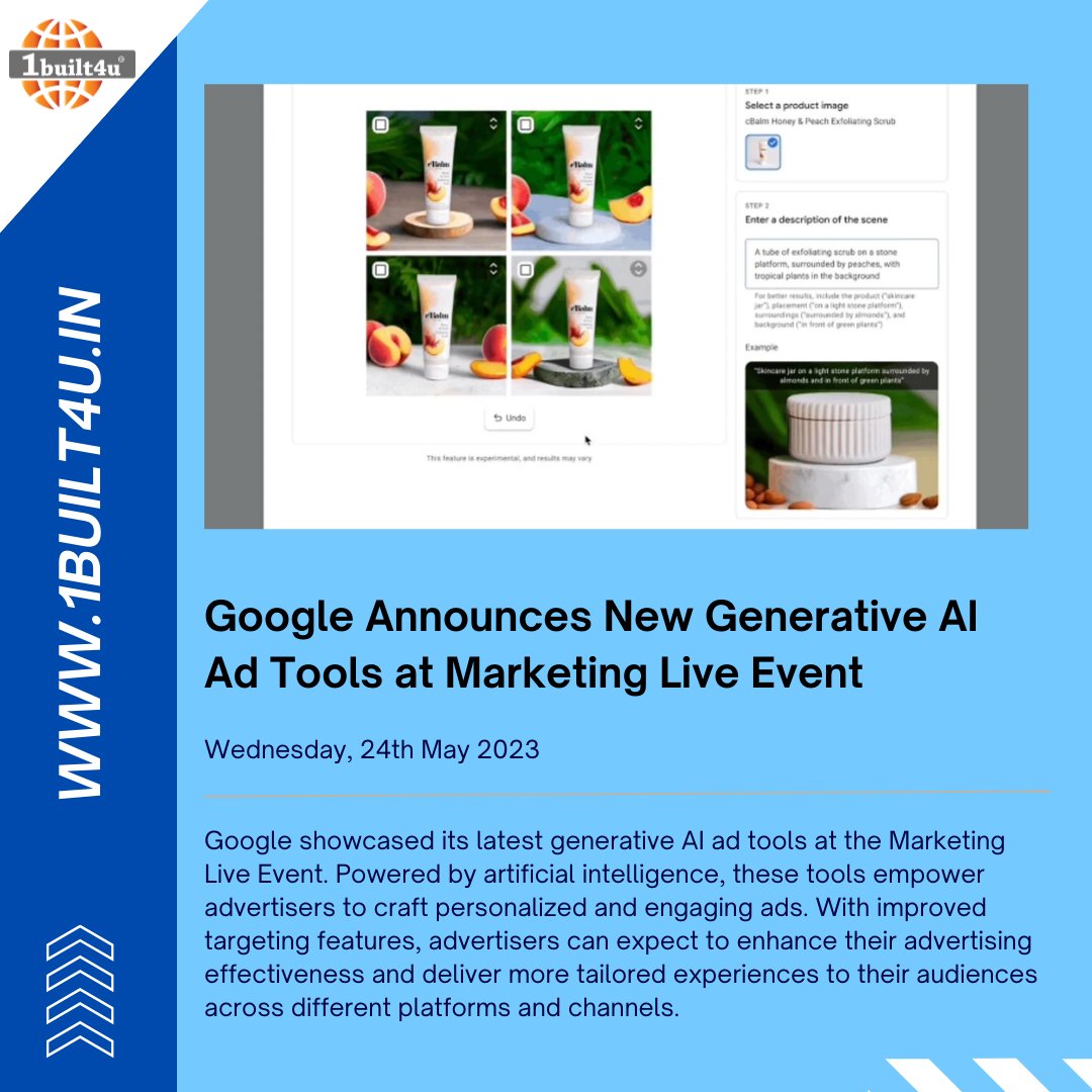 1built4u's tweet photo. Google Announces New Generative AI Ad Tools at Marketing Live Event
#1built4u
#GoogleAI
#AdTech
#GenerativeAI
#MarketingLiveEvent
#PersonalizedAds
#ArtificialIntelligence
#TargetedAdvertising
#EngagingAds
#AdTools
#AdvertisingInnovation https://t.co/Ry3Qi2lnv5