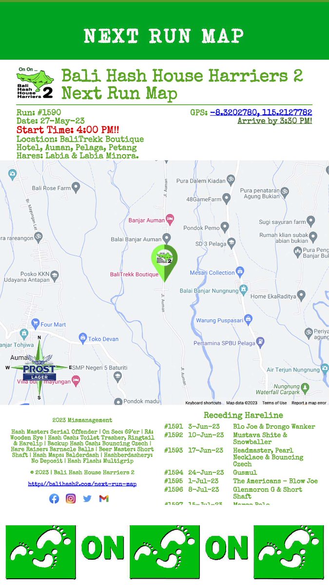 BaliHash2's tweet photo. BALI HASH 2 NEXT RUN MAP
Run: #1590
Date: Saturday 27-May-23
Arrive by 3:30PM for a 4:00PM Start!!
Hares: Labia & Labia Minora
Location: BaliTrekk Boutique Hotel, Auman, Pelaga, Petang
#bali #balihash2 #balilife #balihash #hashouseharriers #ononbali #nextrunmap https://t.co/vH6pdHd5Dj