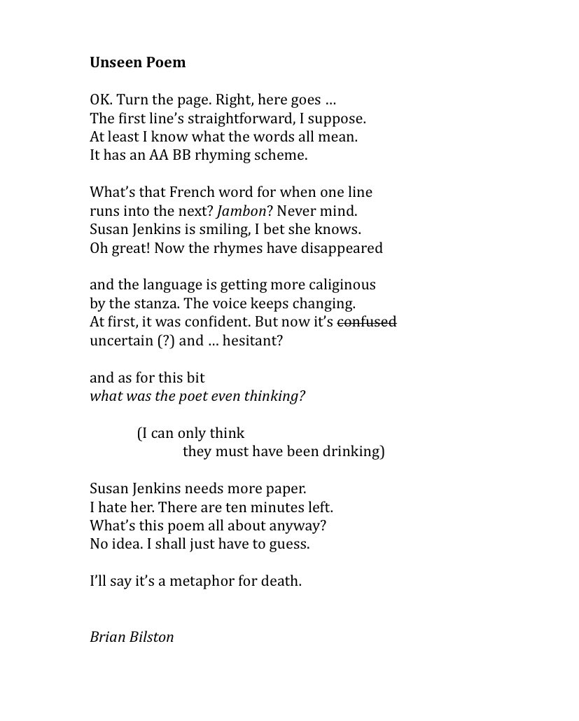 Good luck to all the students sitting their English paper today, and having to contend with the unseen poem.