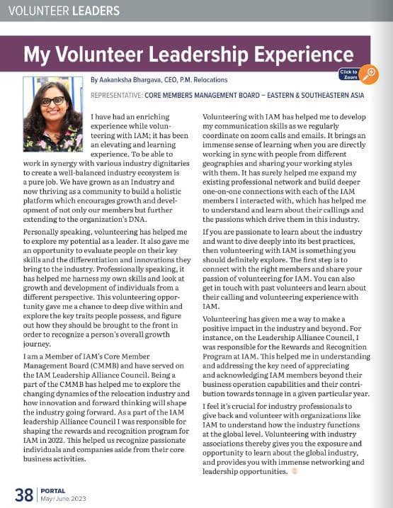 Pmrelocations's tweet photo. Our CEO Ms. Aakanksha Bhargava on “My Volunteer Leadership Experience in the latest authored article by IAM Portal Magazine. International Association of Movers
Read the article
https://t.co/9SQXgwP3Bo
#Movers #YoungMovers #IAM #Portal https://t.co/JLCkUVu5pY