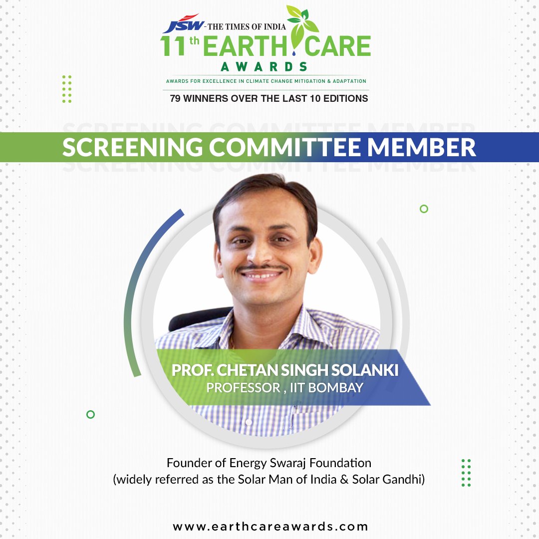 EarthCareAwards's tweet image. Our #ScreeningCommittee Member!
@DrChetanSolanki, Founder of Energy Swaraj Foundation, widely referred as the #SolarManofIndia is an educator, researcher, innovator and has undertaken #EnergySwarajYatra designed to create a public movement towards adoption of 100% solar energy.