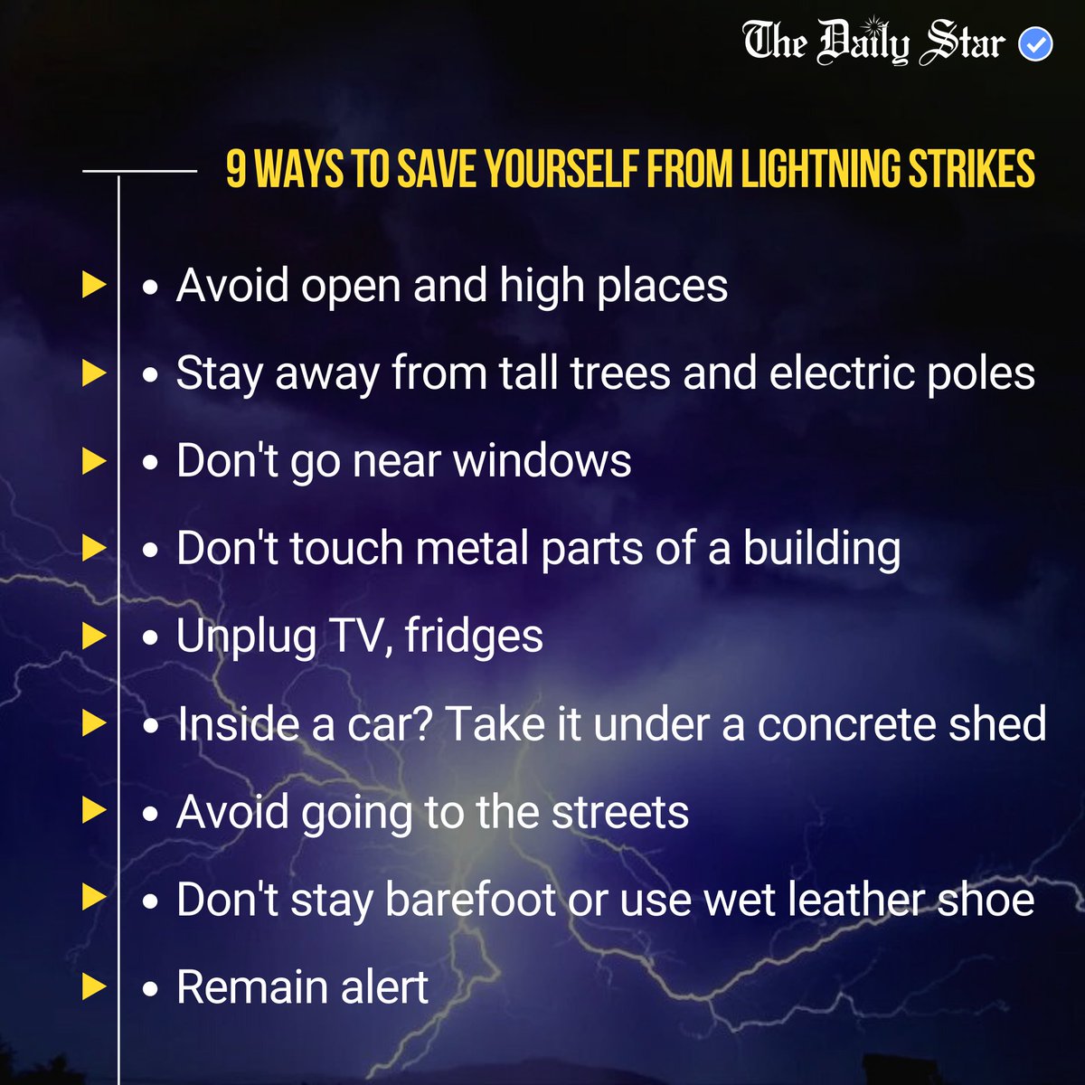 dailystarnews's tweet photo. Here are the tips to stay safe when a lightning storm strikes:
#LighteningStrikes #TipsTofollow https://t.co/GtIA9P4SvS