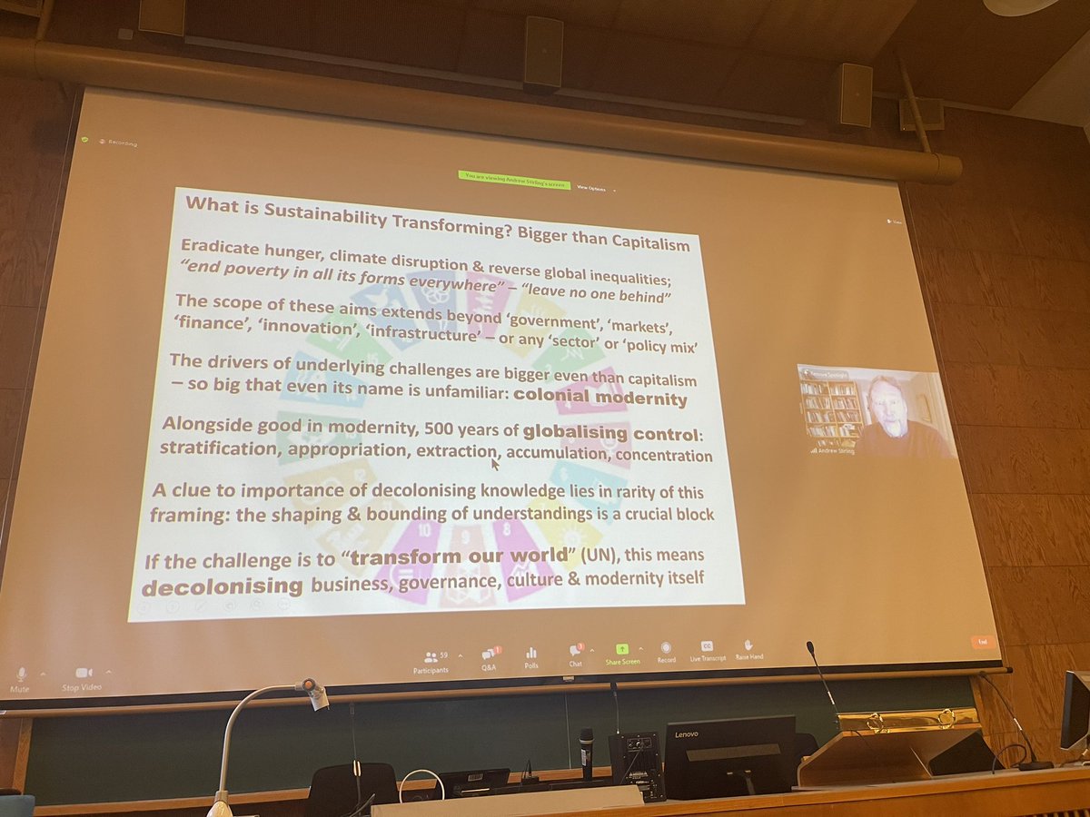 idilgaziulusoy's tweet photo. Fantastic keynote from Andy Stirling in #SSD2023 : “power is constraining the way we think about sustainability transformations” “if the challenge is to transform our world, this means decolonizing business, governance, culture and modernity itself”. ❤️❤️❤️ @SSD_Conf https://t.co/za6W6TgN4k