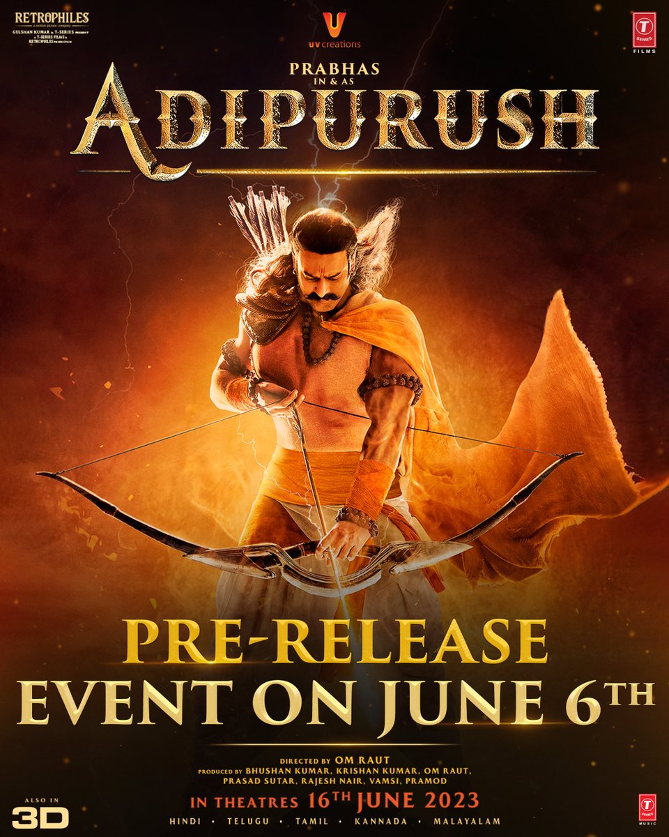 #Adipurush pre release event on June 6th in Tirupathi 🏹🏹

#Prabhas #AdipurushOnJune16th
