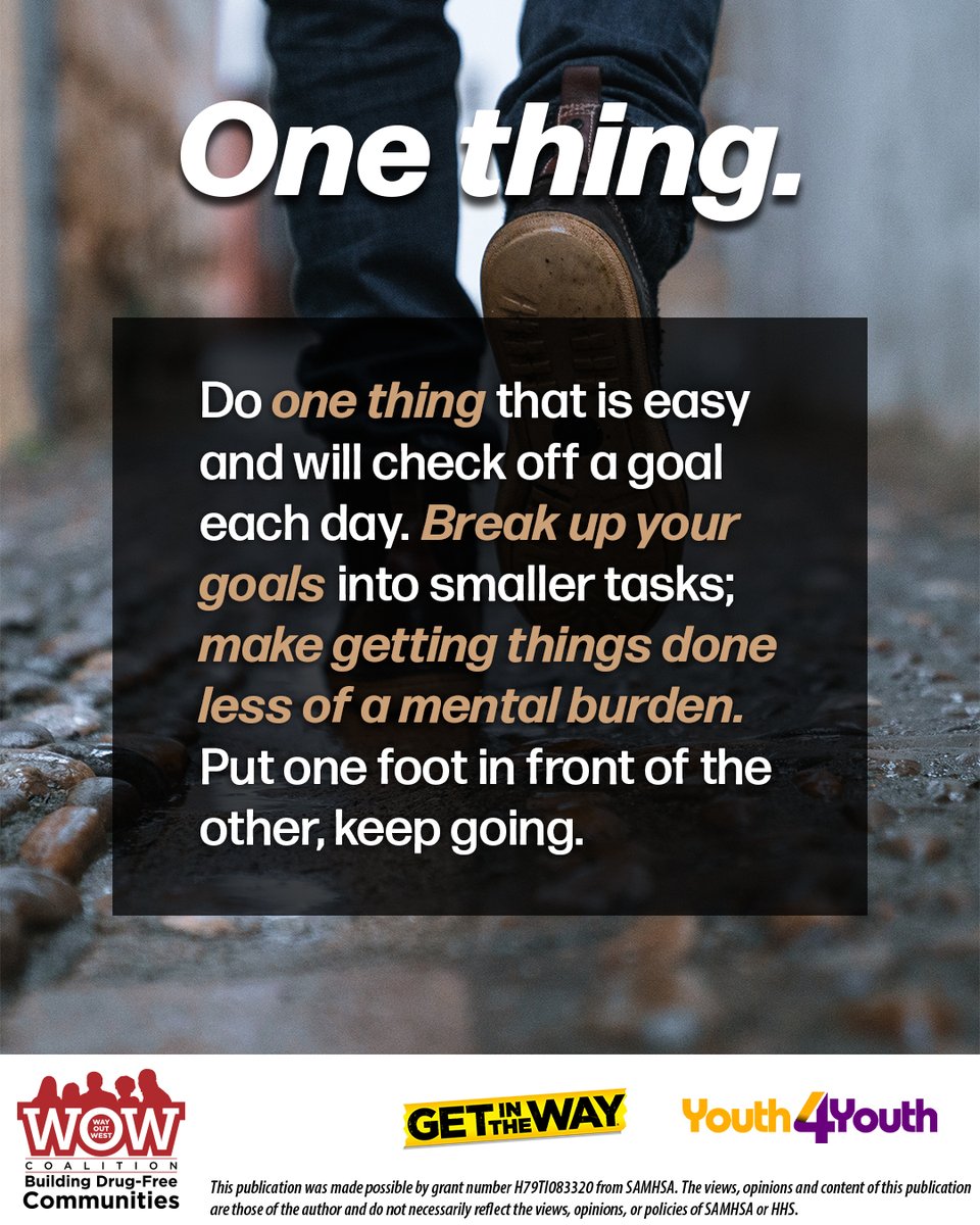 Make getting things done less of a mental burden. Focus on checking off one main goal each day. Keep going, don't give up!

Check out @wowcoalition's resources: wayoutwestcoalition.org/resources/

#MentalHealth #Planning #Plans #Goals #Anxiety #Depression #Stress #School #Resilience #ACEs