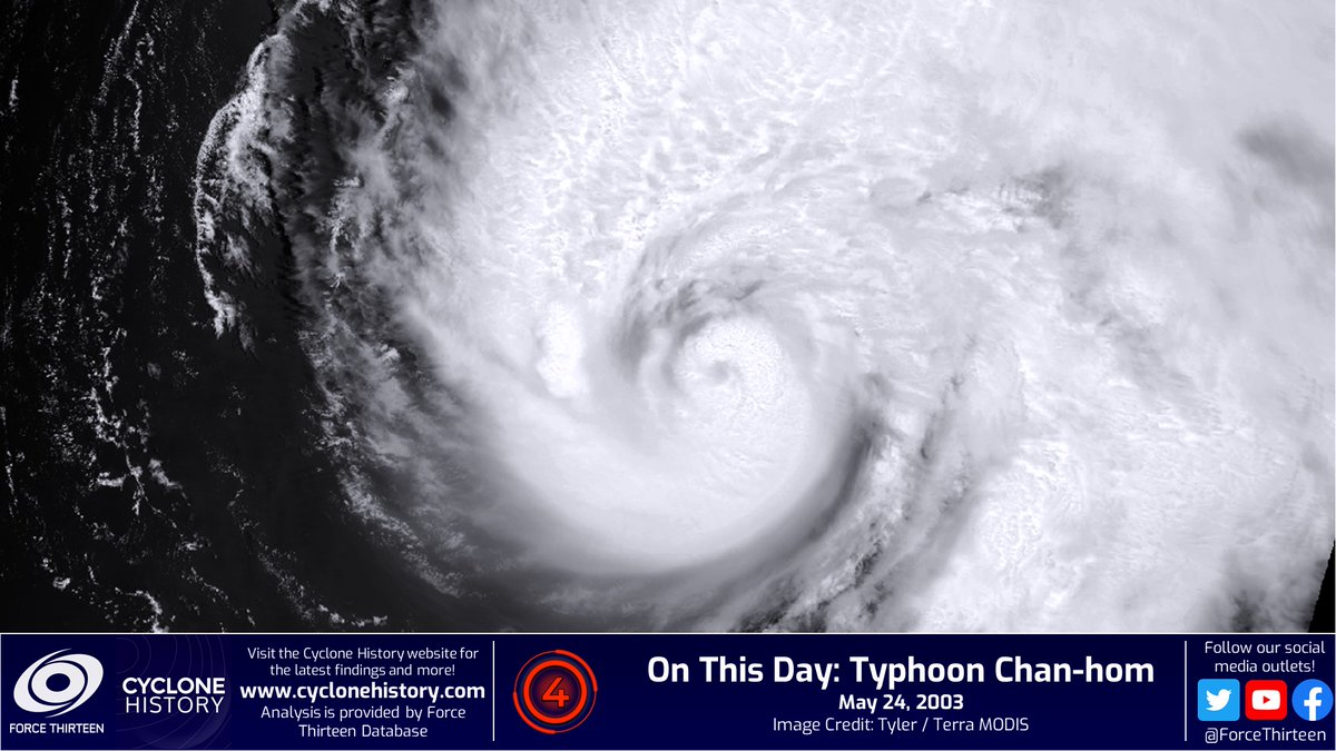 CycloneHistory's tweet photo. #OTD in 2003, #TyphoonChanHom attained its peak intensity of 130mph/940mb in the open Pacific Ocean.
While the storm stayed well out to sea, the storm fanned ashfall from a nearby volcanic eruption toward #Guam, resulting in several flight cancellations. https://t.co/8ryUQusZcI