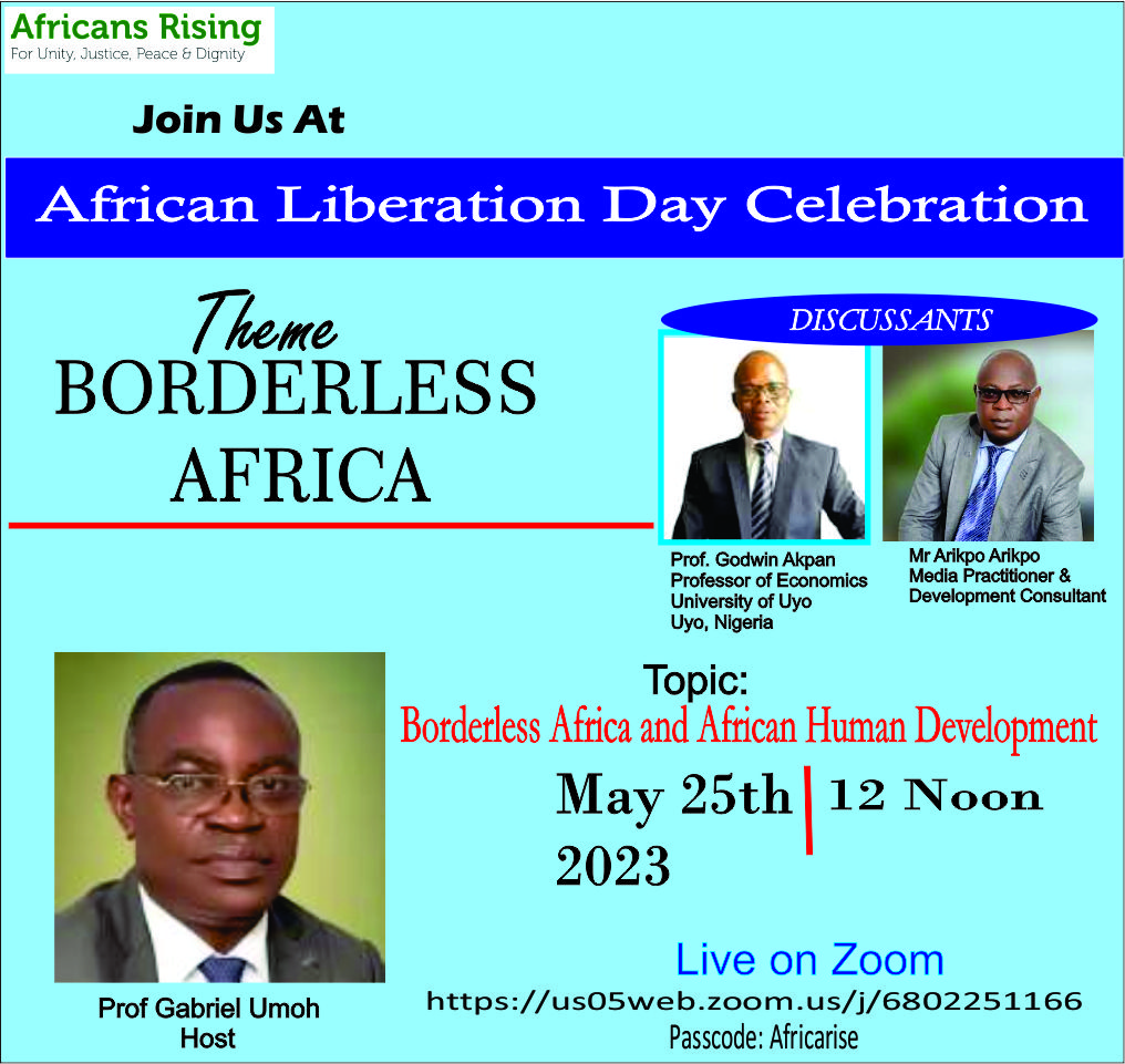 ahdcnig's tweet photo. Join Us on Thursday May 25, 2023 at noon for an incredible webinar for the African Liberation Day Celebration 
Topic: Borderless African and African Human Development
Time:  12:00 PM West Central Africa
Meeting ID: 680 225 1166
Passcode: Africarise https://t.co/7zNoLo3BwD