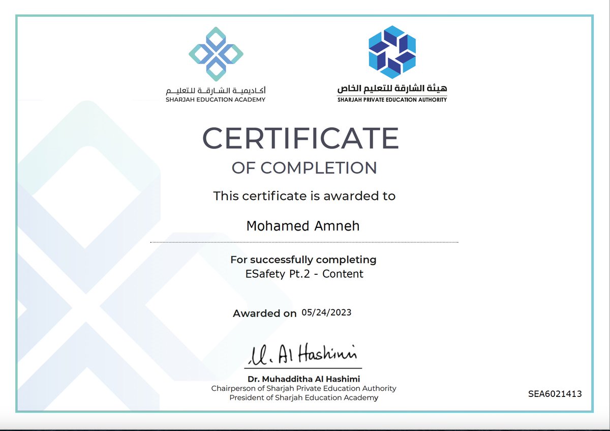 mohamedamneh1's tweet photo. I’m happy to share that I’ve obtained a new certification: ESafety Pt.2 - Content from @SEA_SHJ
#Esafety #SEA #certification #proffesionaldevelopment #mamneh8 https://t.co/gOt2jC3neq