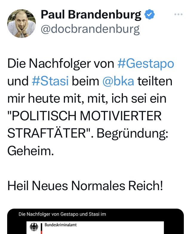 NielsenNews's tweet image. Dr. Paul #Brandenburg 
wird inzwischen als „politischer Straftäter“
wahrgenommen 
&amp;amp; durch das #BKA beobachtet,
bisher hat @docbrandenburg aber keinerlei Verurteilungen erhalten,
dennoch wird er diskreditiert

Seine Aussagen sind zu krass &amp;amp; brisant für @nenacasc 

#NielsenNews