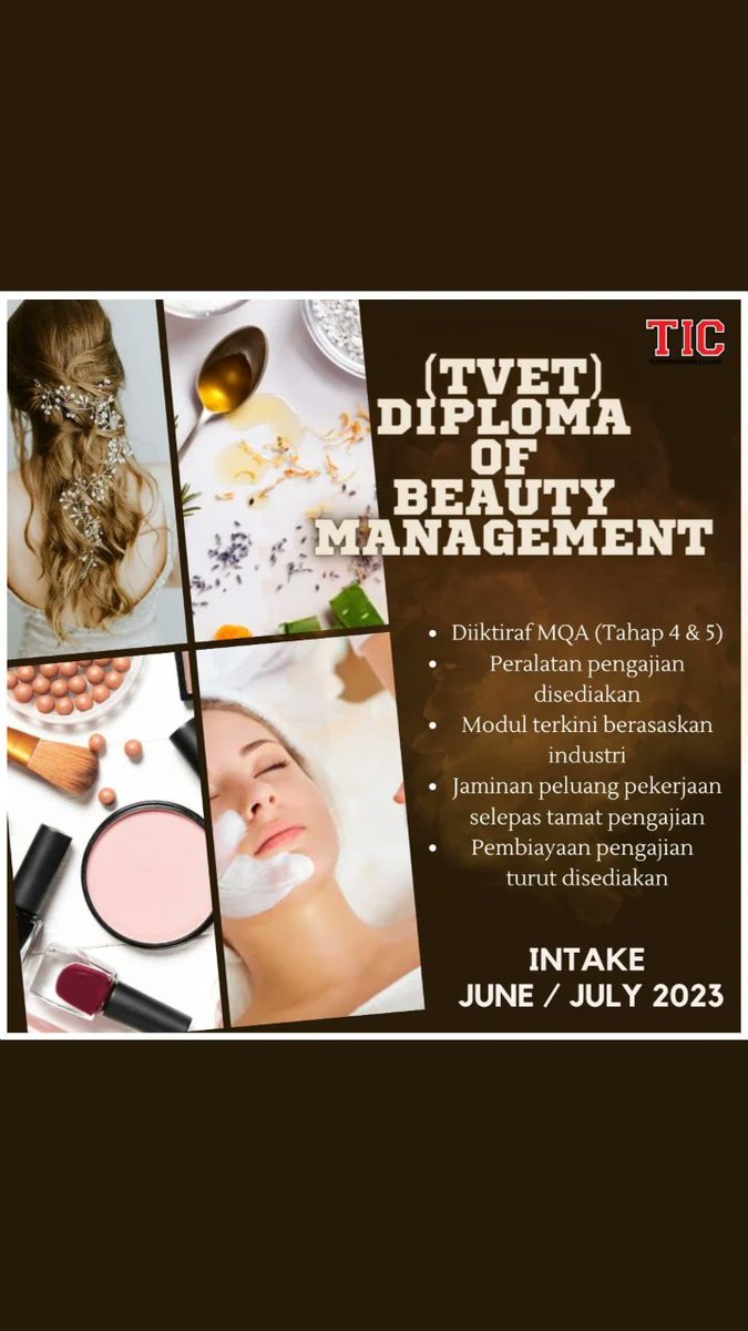 tajcollege's tweet photo. PENGAMBILAN JUN / JULAI 2023!!

Taj International College menawarkan pengajian peringkat Diploma of Beauty Management dengan pelbagai faedah sekiranya anda mengikutinya.

Daftar segera !!!

#tajinternationalcollege #campusipoh #beautycourse https://t.co/yDlkNfYC1K