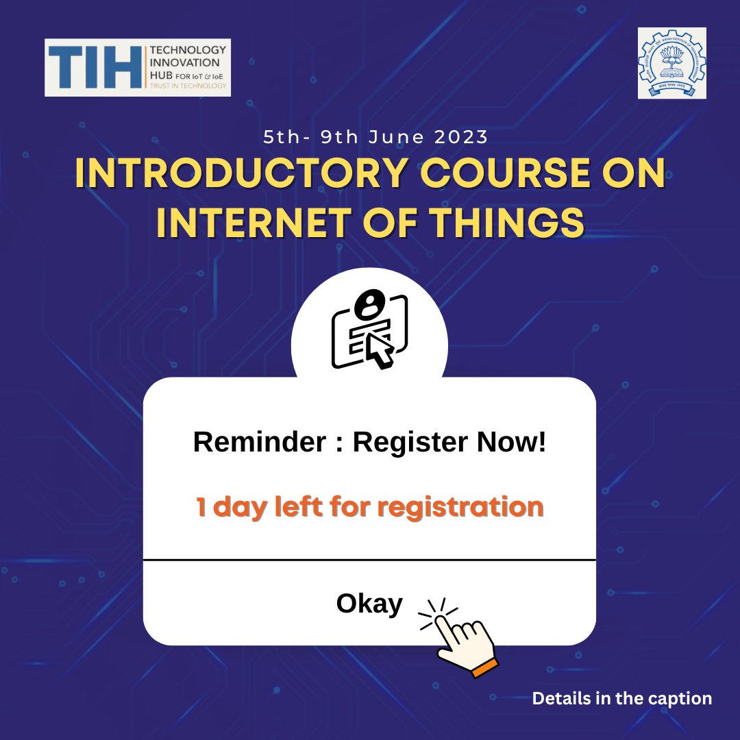 TIH_IITB's tweet image. Last day! Register now for our Introductory Course (Level-1) on Internet of Things(IoT)! Don’t miss out on this amazing opportunity to upskill your career. 
Register now: lnkd.in/dZnJp99H

#iotcourse #courseoniot #iot #internetofthings #tihiot #innovation