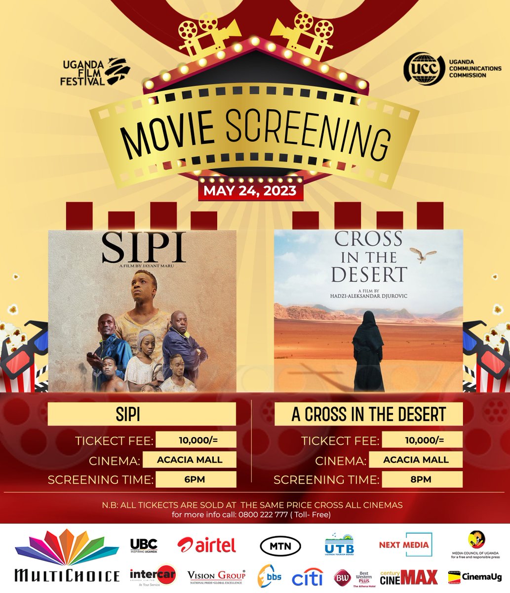 PyeparFaisal's tweet photo. Between SIPI &amp; A CROSS IN THE DESERT, which @UgandaFilm movie are you more inclined to attend just in case 6PM &amp; 8PM find you around ACACIA MALL today? 🤔 #UgandaFilmFestivalAt10 https://t.co/awcseK0WFy