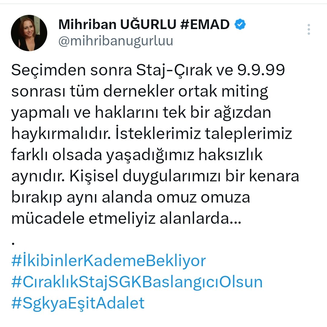 Dün bizle aynı mağduriyeti yaşayan (staj hariç) iki derneğe miting ve alanlarda omuz omuza olalım çağrımı alıpta 

'Mihriban Başkan geri vites yaptı tüzüğünü bıraksın gelsin kabul edelim bari' 

minvalinde konuşanlar bi kendinize gelin isterseniz. 
@EmadDernegi basın ve siyasi…