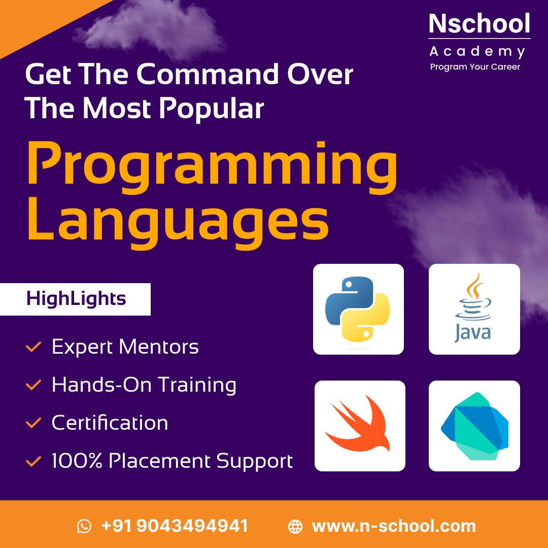 Nschool12's tweet image. Gain mastery in programming language and take your career to the next level with our comprehensive training program. 👩🎓
call Now: 090434 94941
visit : n-school.com
#programminglanguage #programmer #popularprogramming #expertmentors #handsontraining #certification