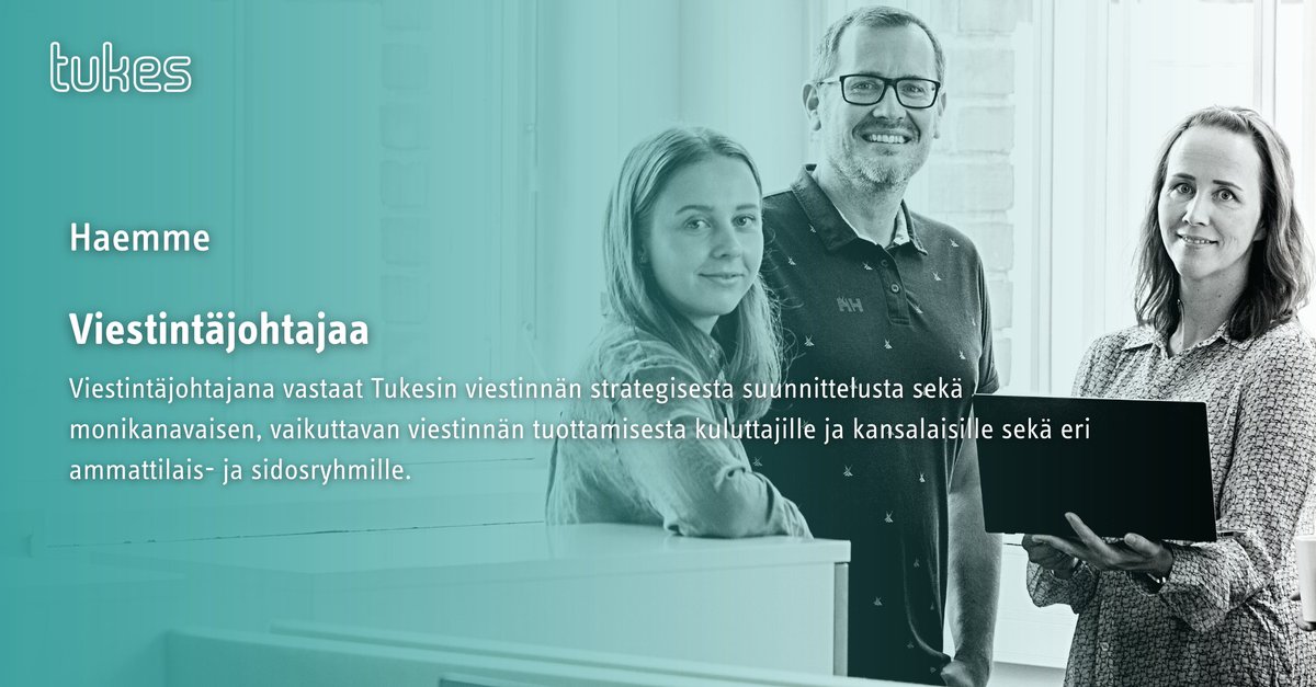 Tukesinfo's tweet photo. Etsimme viestinnän johtamisen ja kehittämisen osaajaa vakituiseen viestintäjohtajan virkaan! 🙋

Hae paikkaa 12.6.2023 klo 14.30 mennessä. Lisätietoa: https://t.co/ggfc14pAwX

#TöissäTukesissa #TöissäValtiolla #rekry https://t.co/68PRyxyjmR