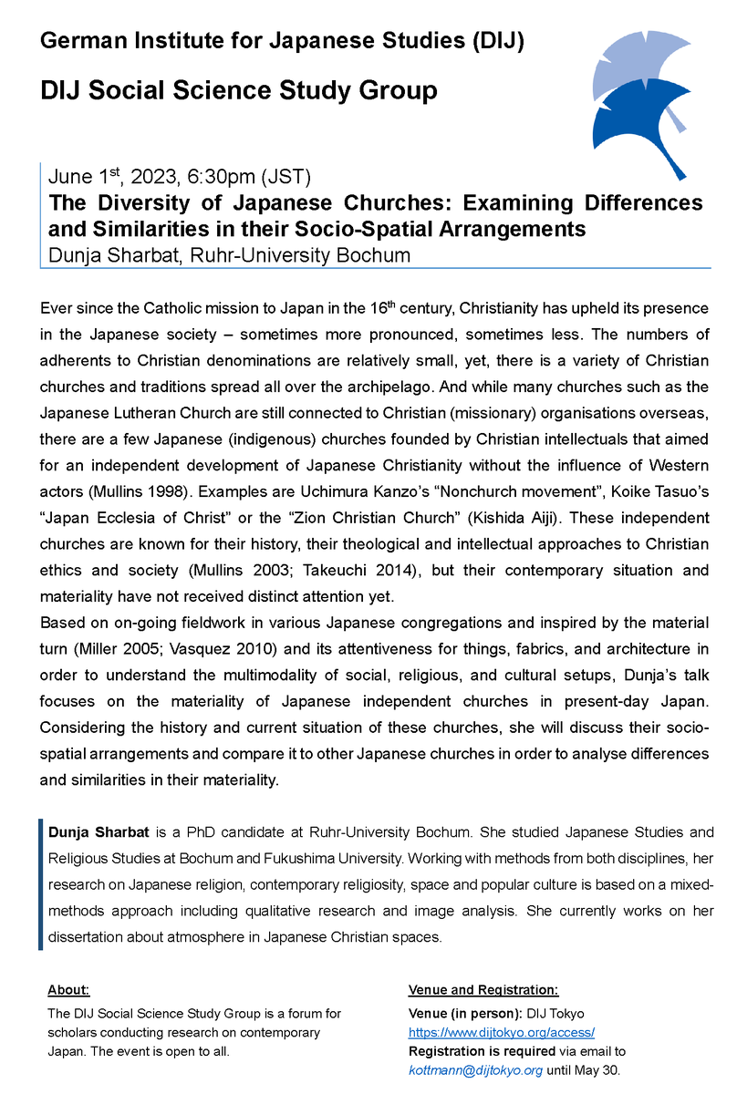 dij_tokyo's tweet image. Join our next DIJ Study Group session on 'The Diversity of Japanese Churches: Examining Differences &amp;amp; Similarities in their Socio-Spatial Arrangements' with Dunja Sharbat @shrbtdr @CERES_RUB On-site only at the DIJ, June 1, 6.30pm JST @kott_no Registration dij.tokyo/churches