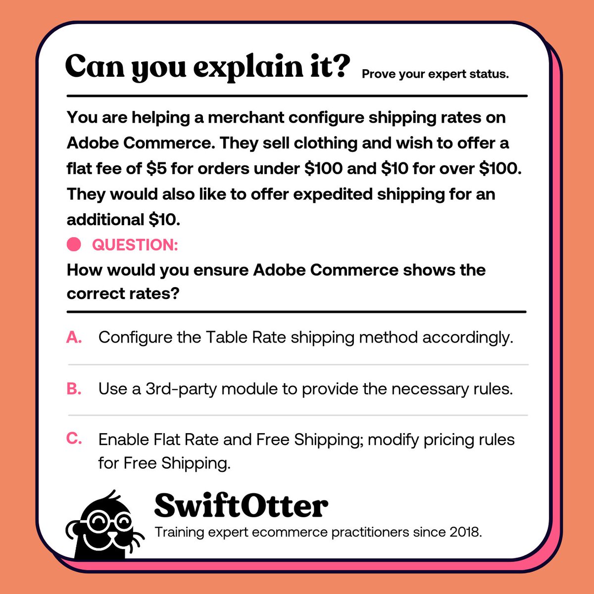 Let's configure some shipping rates for a merchant! How do we ensure Adobe Commerce shows all of these shipping rates correctly?
➡️ Reply with your answer and reasoning.
#swiftotter #magento #magentodeveloper #adobecommerce #weeklypracticequestion