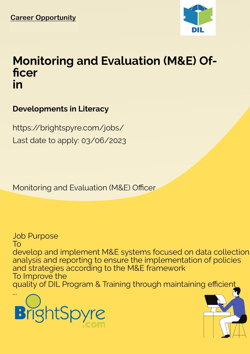 BrightSpyre's tweet photo. Developments in Literacy is Looking for Monitoring and Evaluation (M&E) Officer... Apply now: https://t.co/ZTmtZvnb6v
#BrightSpyre #Job #Monitori https://t.co/Yl4nUkonsx