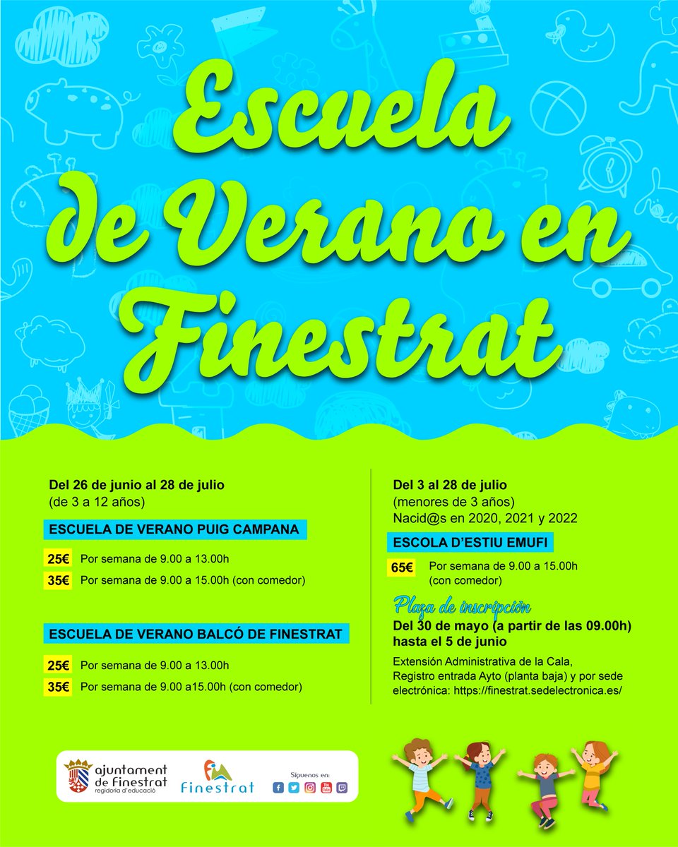 AytoFinestrat's tweet photo. Llega la Escuela Verano #Finestrat Propuesta del @AytoFinestrat para ayudar a las familias a conciliar horarios laborales con vacaciones escolares. Martes 30 mayo, 9:00h. Abrimos inscripciones https://t.co/N3c8W01o4X https://t.co/EWcfvXCJx0