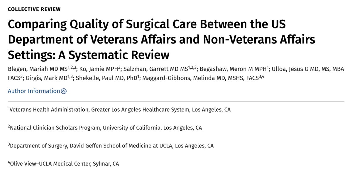 A new study from @UCLASurgery demonstrates the quality and safety of VA surgical care have been reported as good as or better than non-VA sites in 11 of 13 publications investigating potential differences. @VAsurgeons @VAResearch