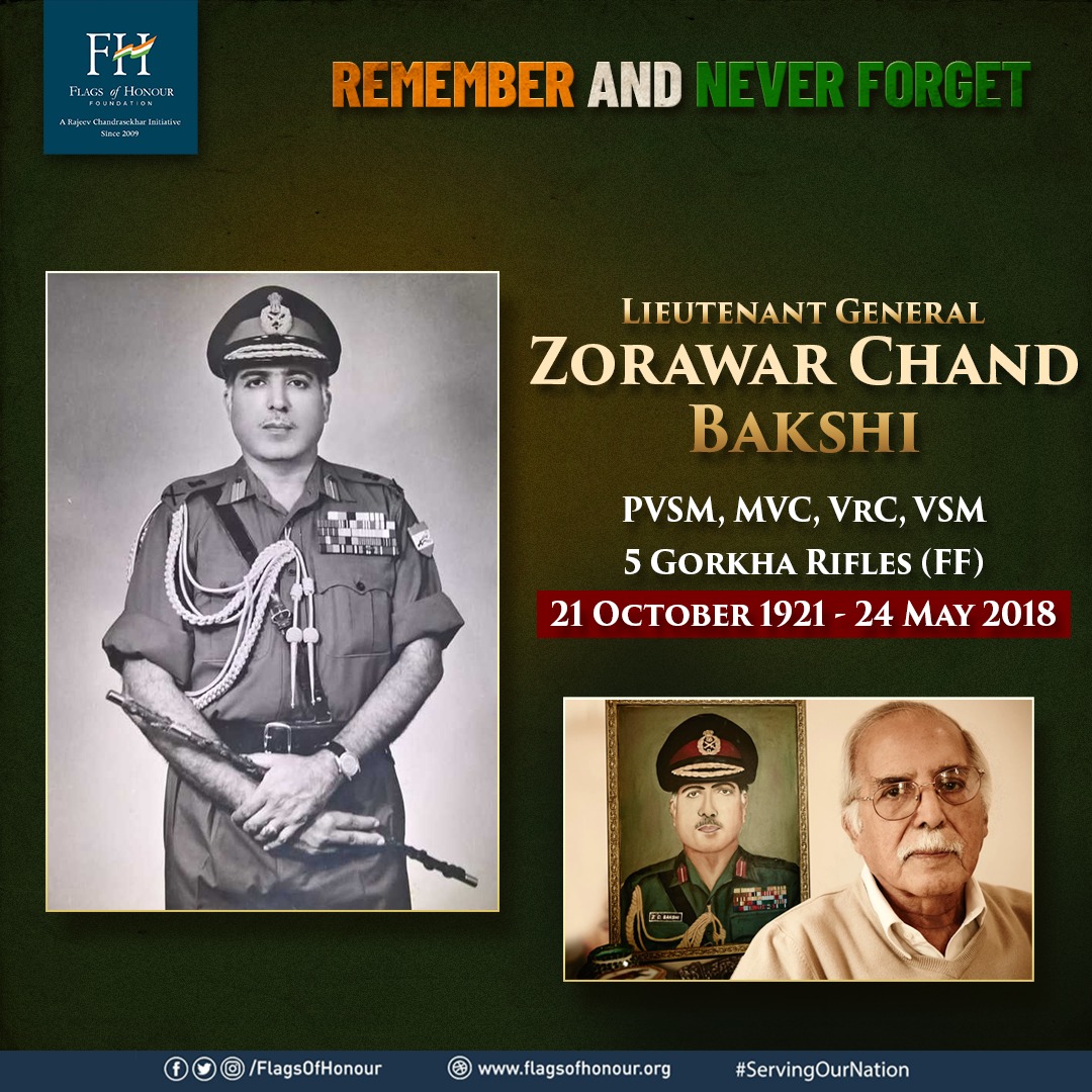#OnThisDay in 2018, Lt Gen Zorawar Chand 'Zoru' Bakshi PVSM, MVC, VrC, VSM, 5 Gorkha Rifles (FF) passed away in New Delhi. 
#RememberAndNeverForget  one of greatest & most decorated General of the Indian Army.
#ServingOurNation