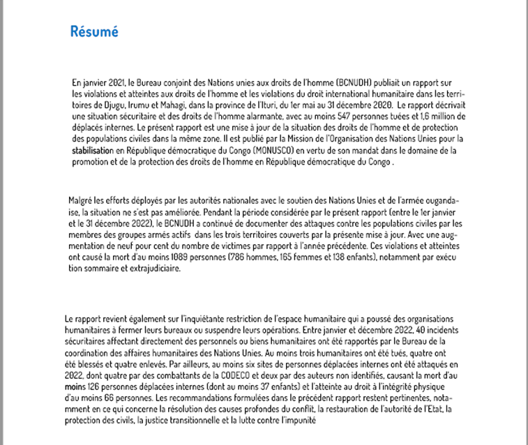 #RDC 23.05.2029: Publication (<a href="/unjhro/">UN Human Rights DRC</a> et <a href="/monusco/">MONUSCO</a>) d’un rapport sur la situation des droits de l’homme dans la province de l’Ituri. 1/5