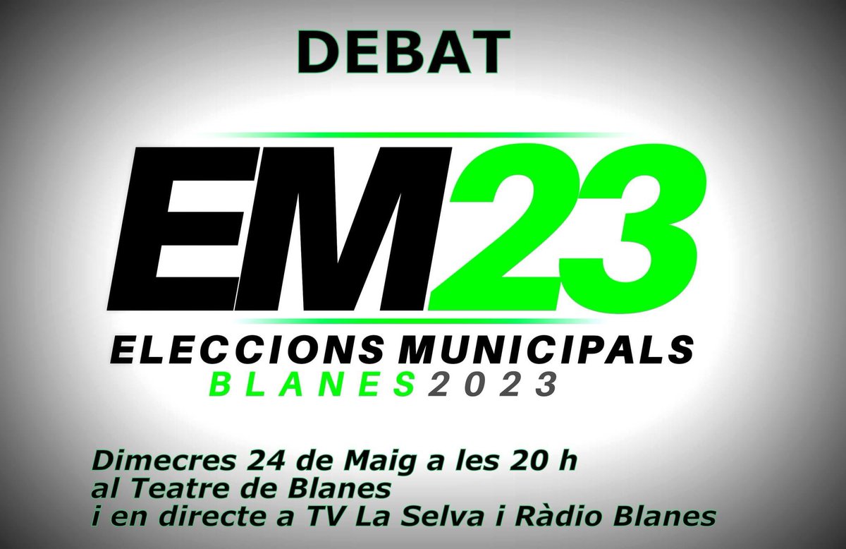 Avui a les 20 h al <a href="/TEATRECBS/">TCBS</a> #DebatElectoral amb els candidats d'ERC, PSC, BECP, C's, JxB, Blanes Sí, CUP, PP, APB, PDB, Valents i Grup Blanes 

Emès en directe a <a href="/tvlaselva/">Televisió laSelva</a> <a href="/RadioBlanes/">Ràdio Blanes</a> i a tvlaselva.cat i municipals.blanes.cat 
amb el suport de <a href="/elpuntavui/">El Punt Avui 🎗️</a>
