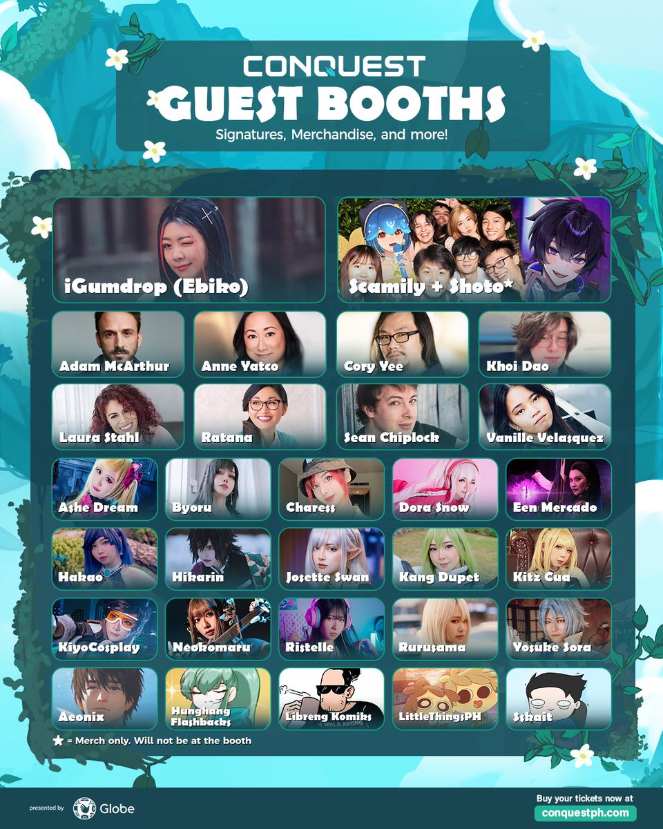 At the Guest Booths, you'll be able to avail of signatures, merch, prints and more! 

*Note that price and availability vary from guest to guest

#SeeYouInTheSkies ☁️

🎟️Get your tickets now at bit.ly/CONQuest2023_T…