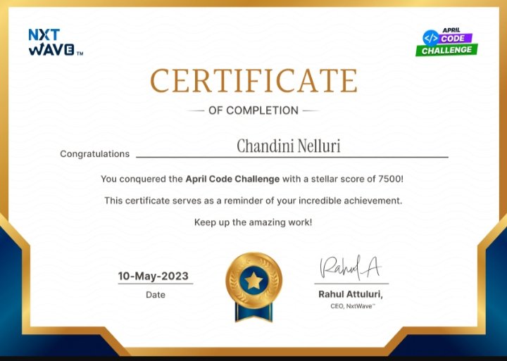 Hello...!Every one Happy to share my April code challenge certificate
#nxtwave 
#ccbp 
#ccbpian 
#ccbpacademy 
#aprilcodechallenge