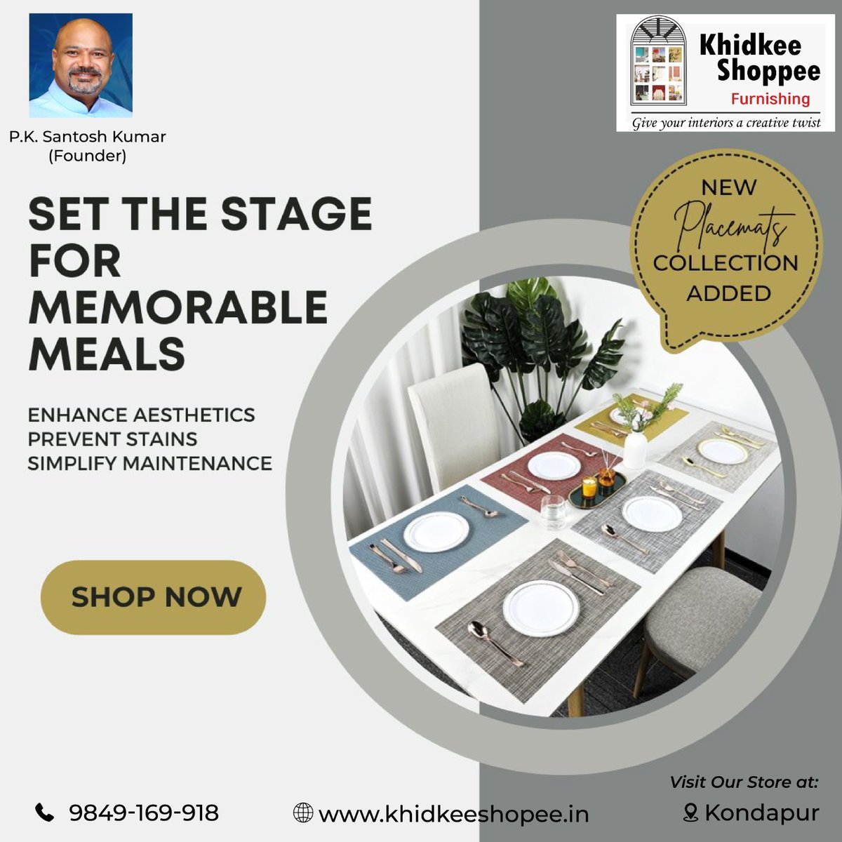 🌟 Elevate your dining experience with our new placemats! Visit Khidkee Shoppee today and set the stage for memorable meals. Shop now and transform your dining space! 🍽️✨ 

#khidkeeshoppee #homedecor #NewCollection #Placemats #DiningDecor #DiningExperience #shopnow #Hyderabad