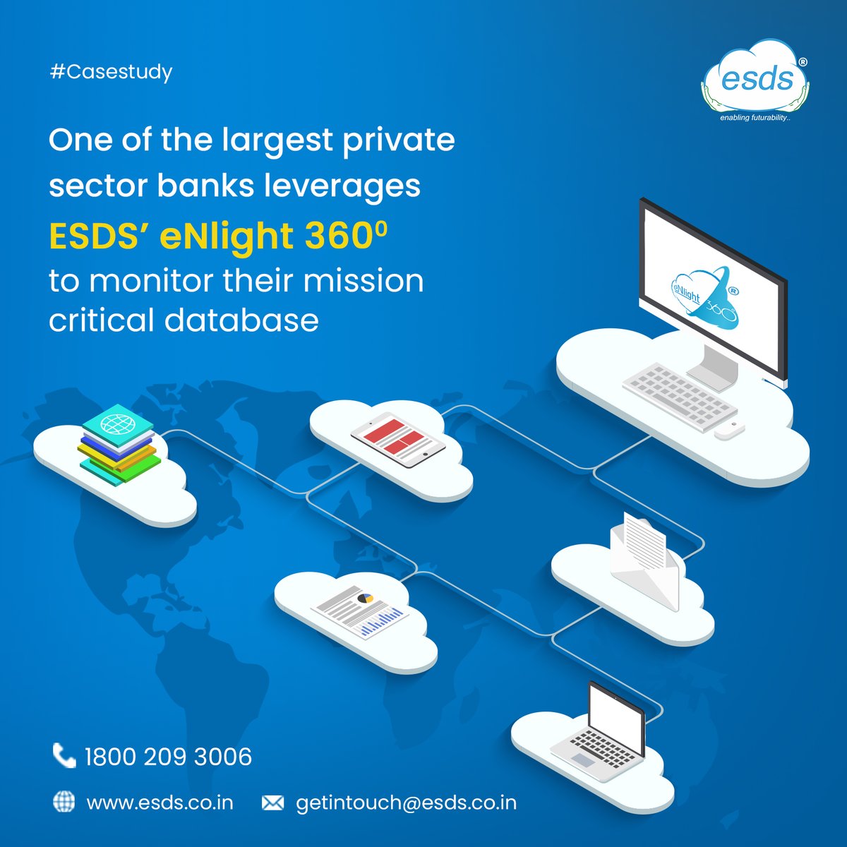 #CaseStudy
One of the is largest private sector banks leveraging ESDS eNlight 360° to monitor their core database.
Take a look of how ESDS monitors and manages as many as 1200+ devices and more than 150 DB instances to have completely transformed the way bank could manage their